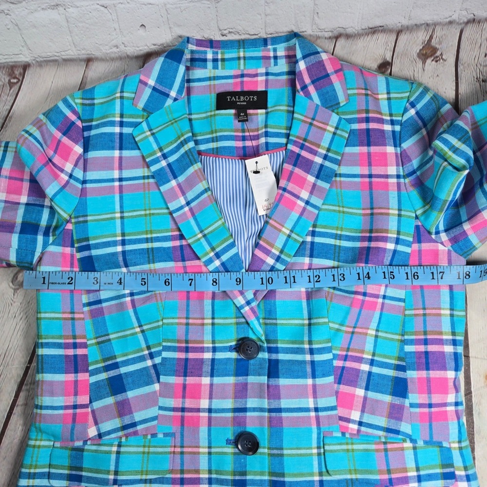 Talbots Petite 4P Madras Plaid Linen Blend Blazer Blue Pink Green Ruffle Cuff - Picture 8 of 10